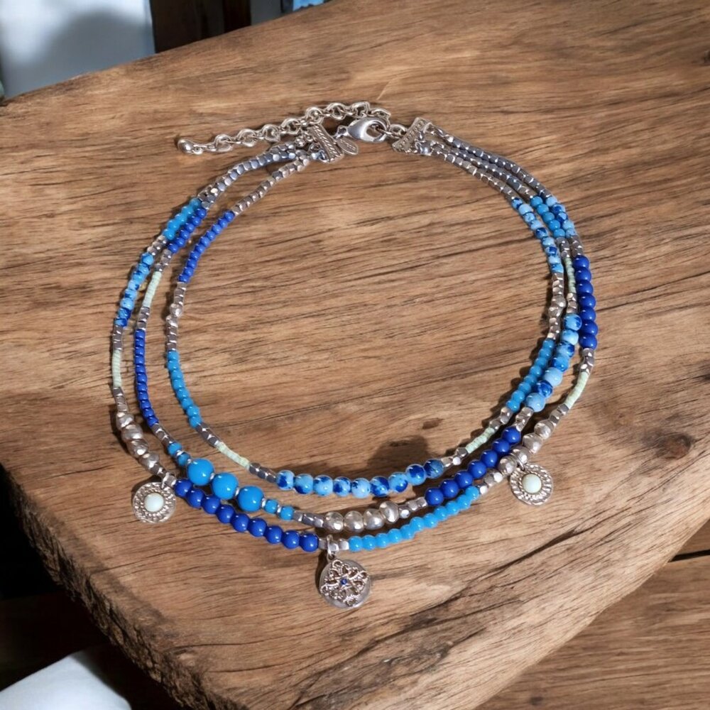 Chicos Signed 3 Strand Blue Gold Beaded with Dangle Charms 20"